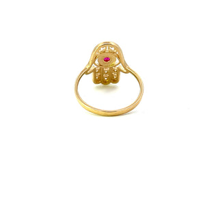 14K Real Gold Hamsa Hand Blue CZ Ring