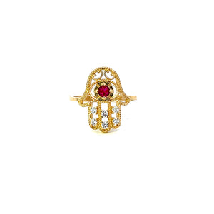 14K Real Gold Hamsa Hand Blue CZ Ring