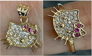 10K Real Gold CZ KITTY Charm with Box Chain & RING.