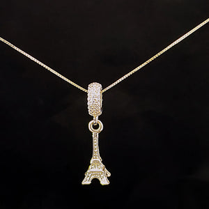 10K Solid Real Yellow Gold Eiffel Tower Cz Pendant Charm with Box Chain