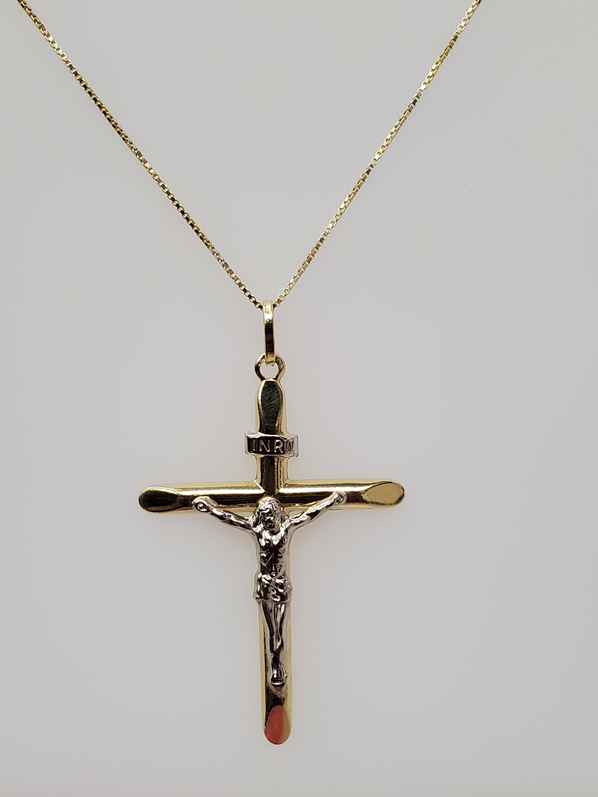 14K Two Tone Half Tube Cross White Jesus Charm