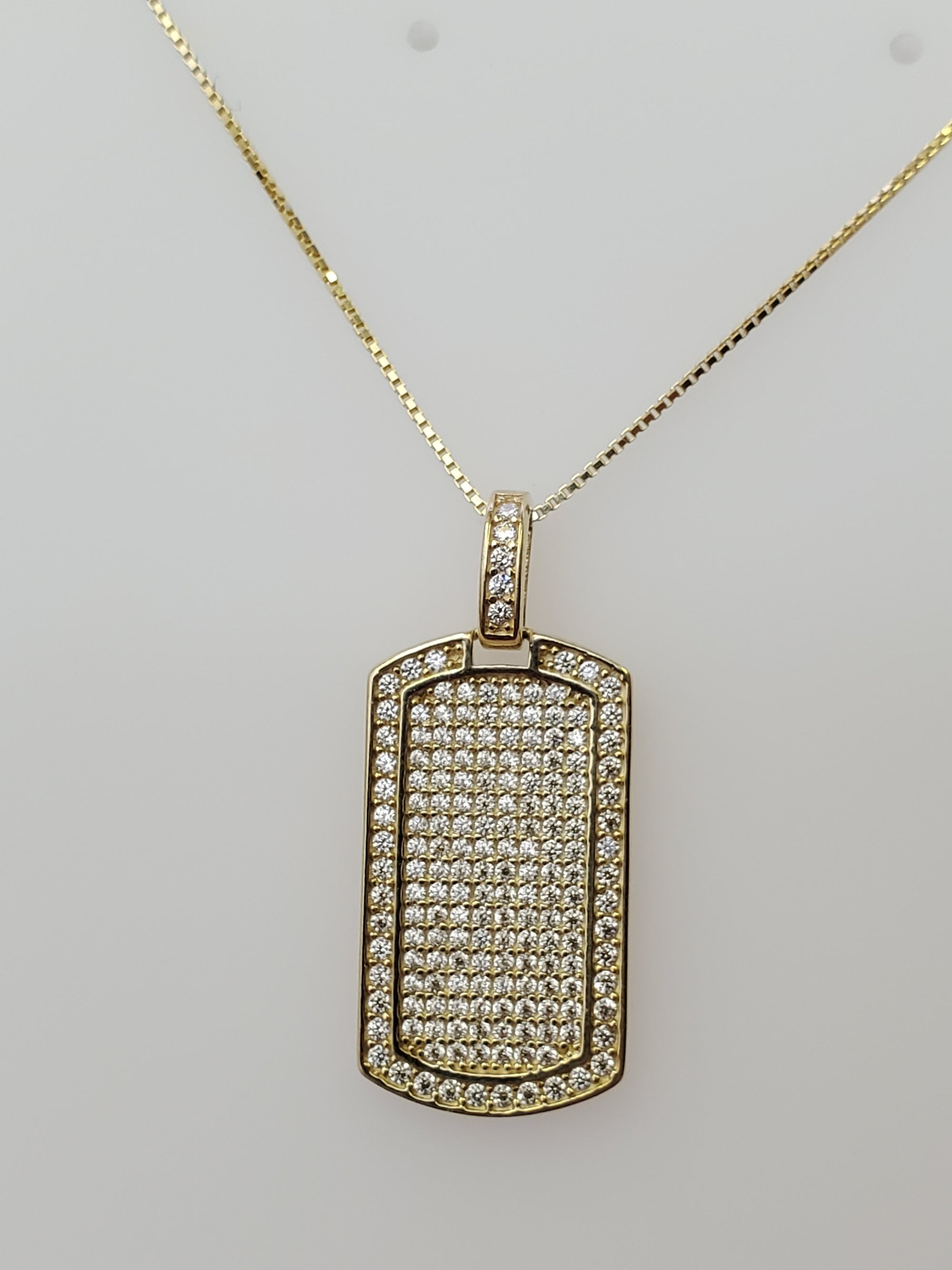 10K Solid Yellow Gold Dog Tag CZ Charm with Box Chain