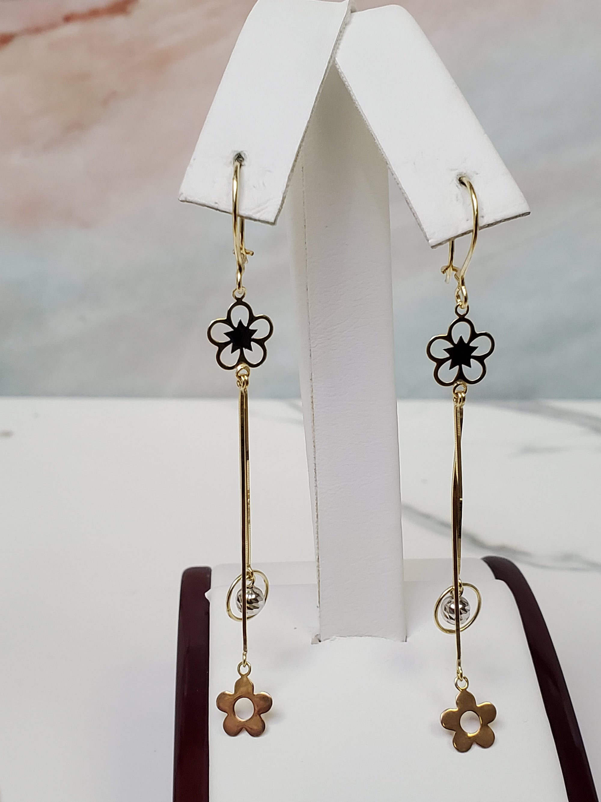 14K Trio Color Flower Dangle Earrings