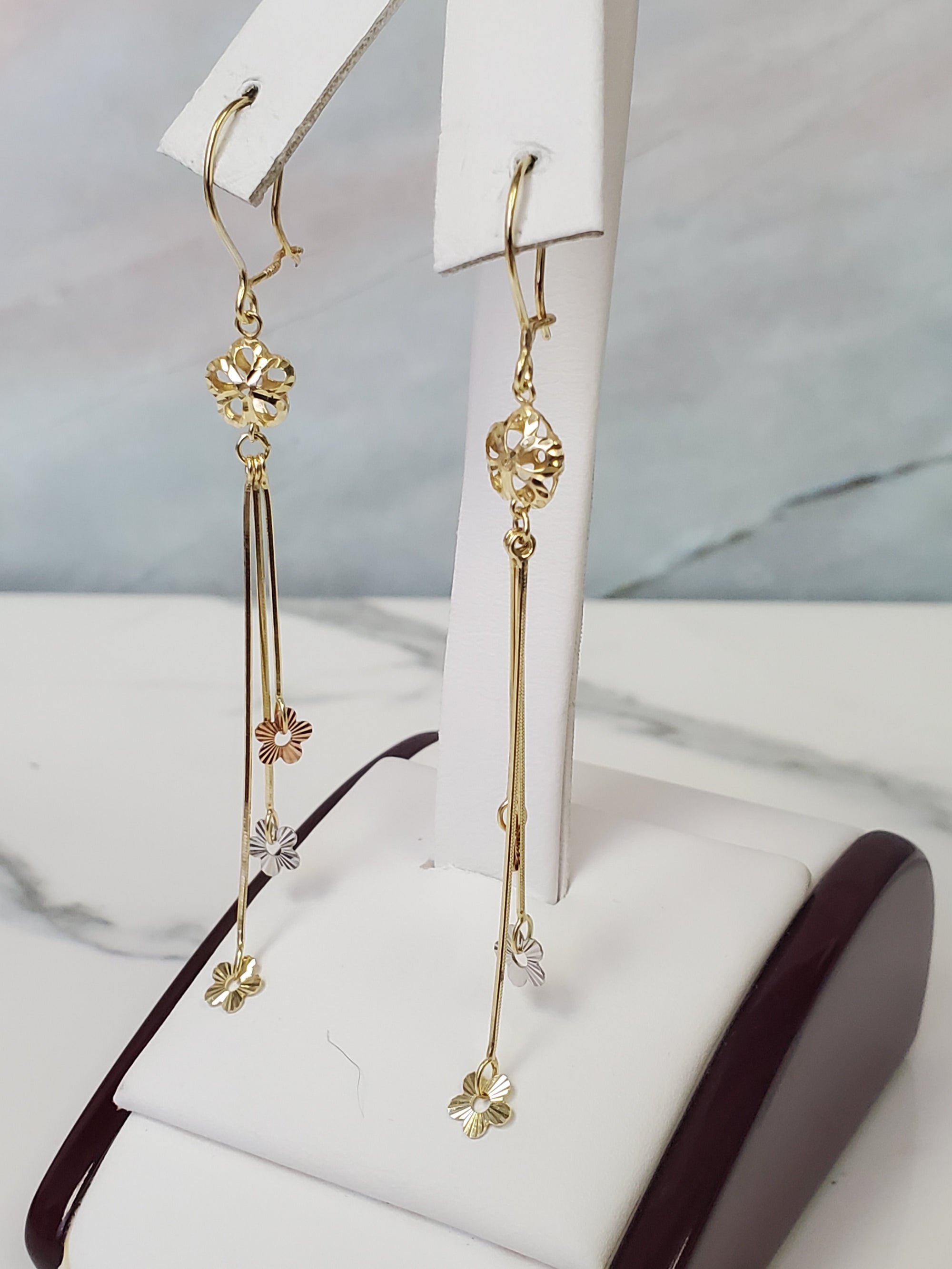 10K Trio gold Flower Dangle Earrings