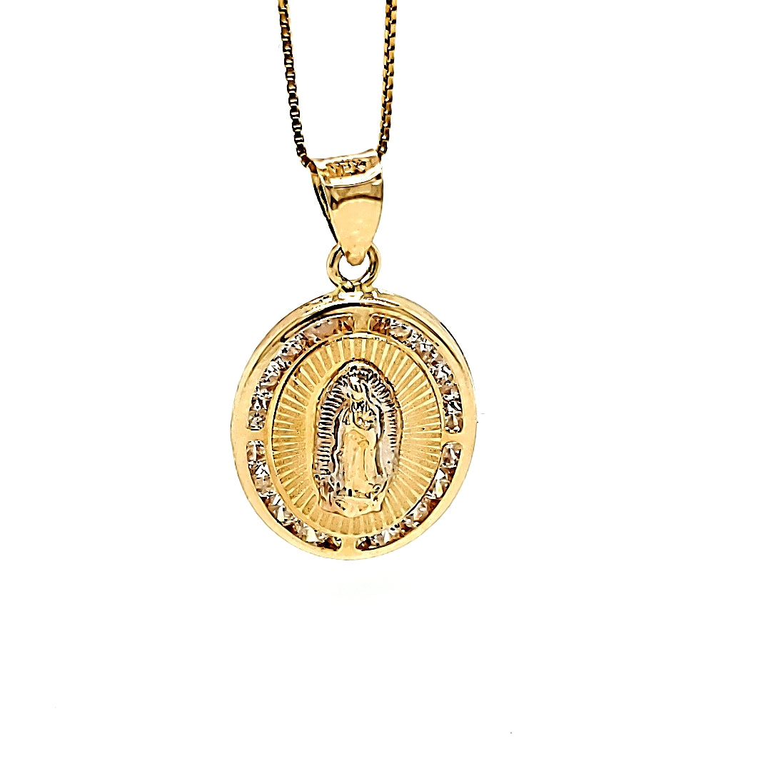 14K Solid Real Two Tone Yellow & White Oval Cz Mother Mary Pendant Charm with Box Chain