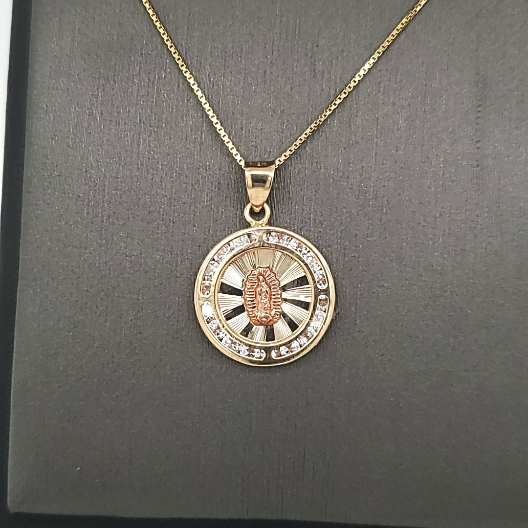 14K Solid Real Yellow & Rose Gold Mother Mary Round CZ Pendant with Box Chain