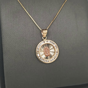 14K Solid Real Yellow & Rose Gold Mother Mary Round CZ Pendant with Box Chain