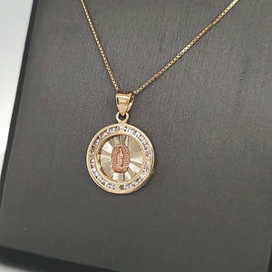 14K Solid Real Yellow & Rose Gold Mother Mary Round CZ Pendant with Box Chain