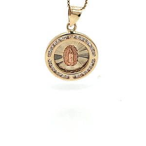 14K Solid Real Yellow & Rose Gold Mother Mary Round CZ Pendant with Box Chain