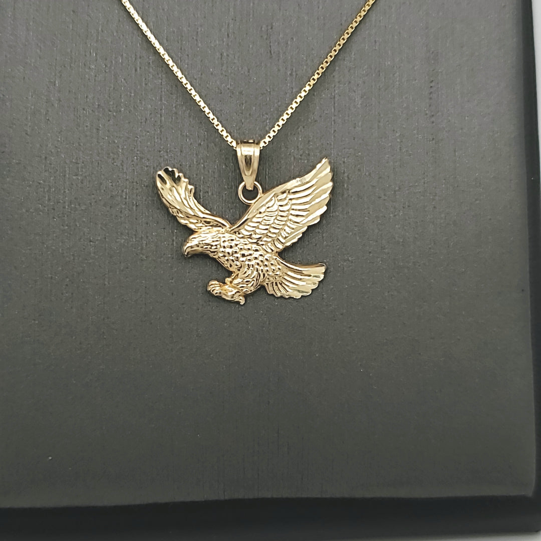 14K Solid Real Yellow Gold Eagle Pendant Charm with Box Chain