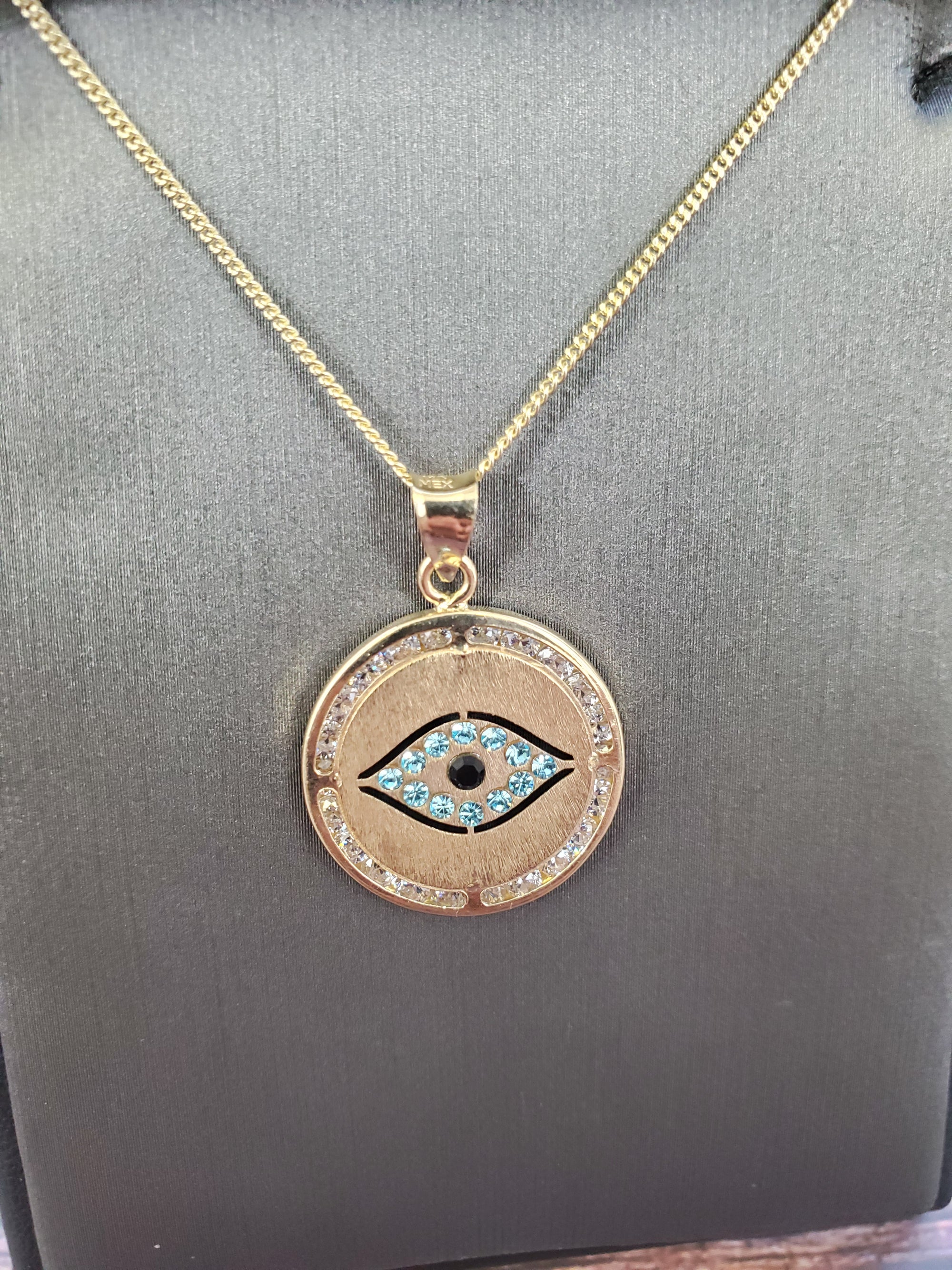 14K Solid Real Yellow Gold Evil Eye Round Cz Pendant Charm with Box Chain