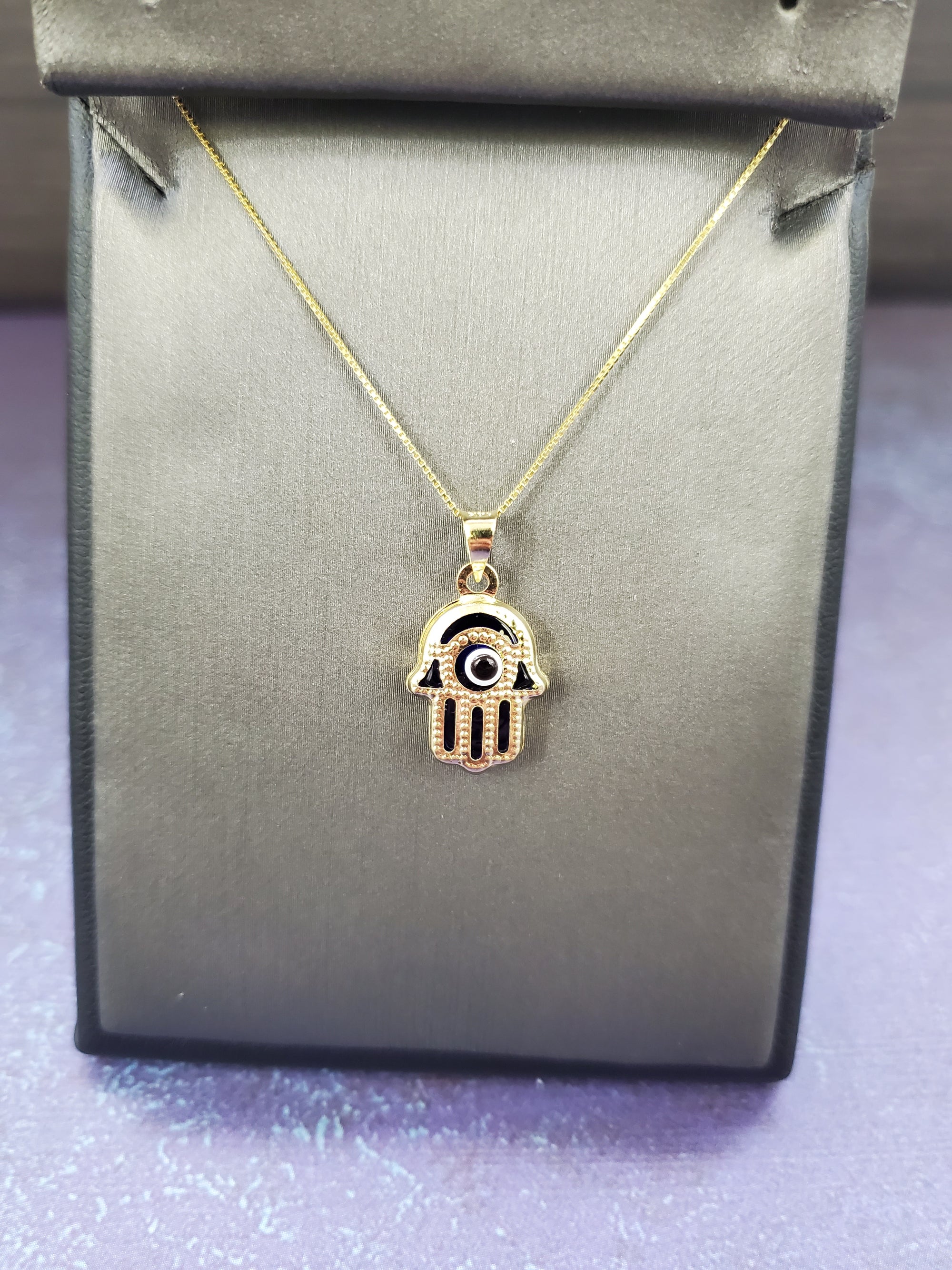 14K Solid Real Yellow Gold Evil Eye Hamsa Pendant Charm with Box Chain