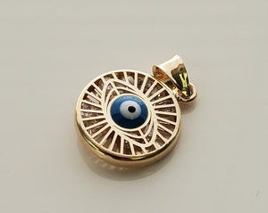 14K Solid Real Yellow Gold Blue Evil Eye Round Cz Inside Charm with Box Chain