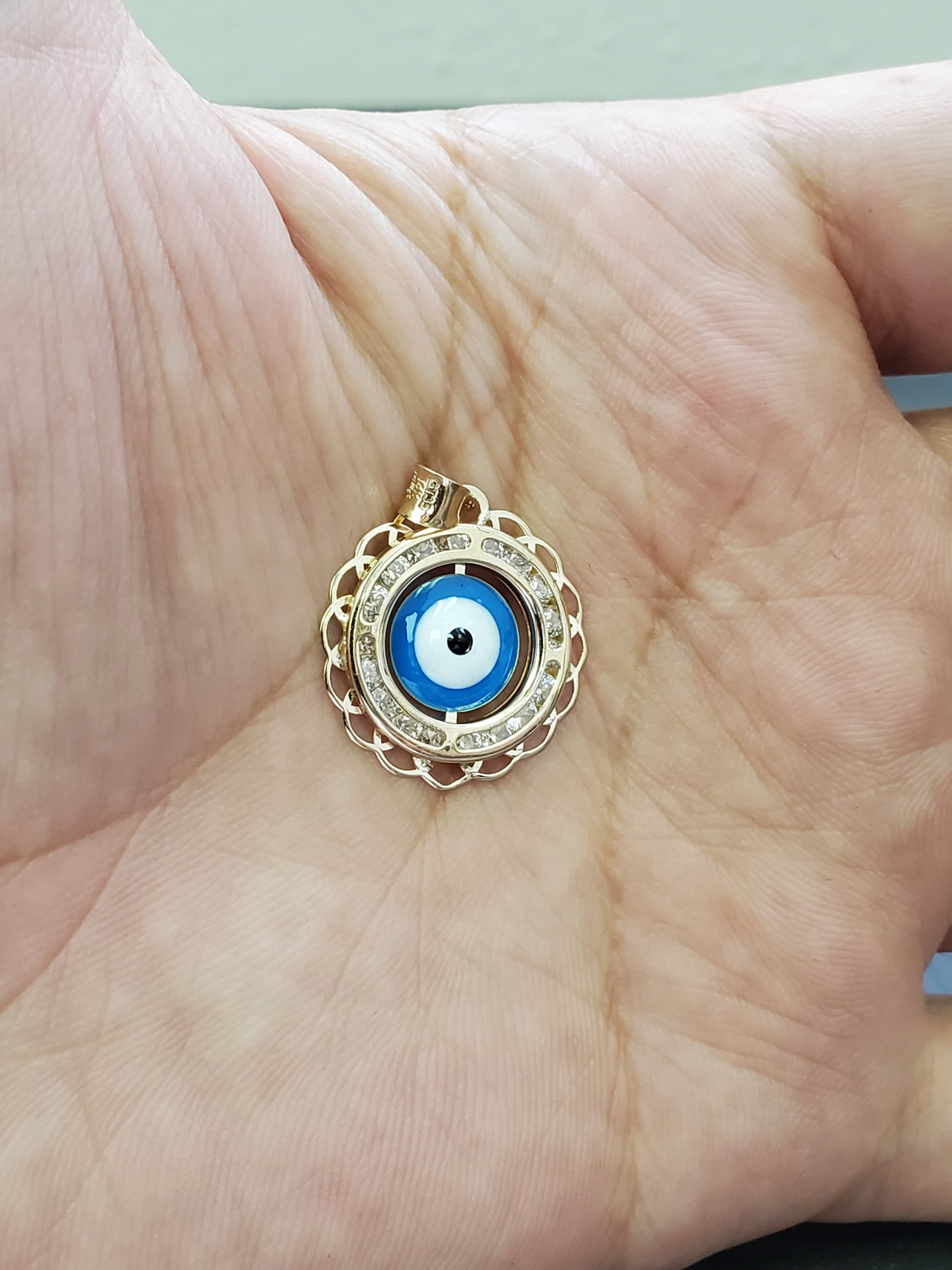 14K Solid Real Yellow Gold Evil Eye Round Cz Pendant Charm with Box Chain