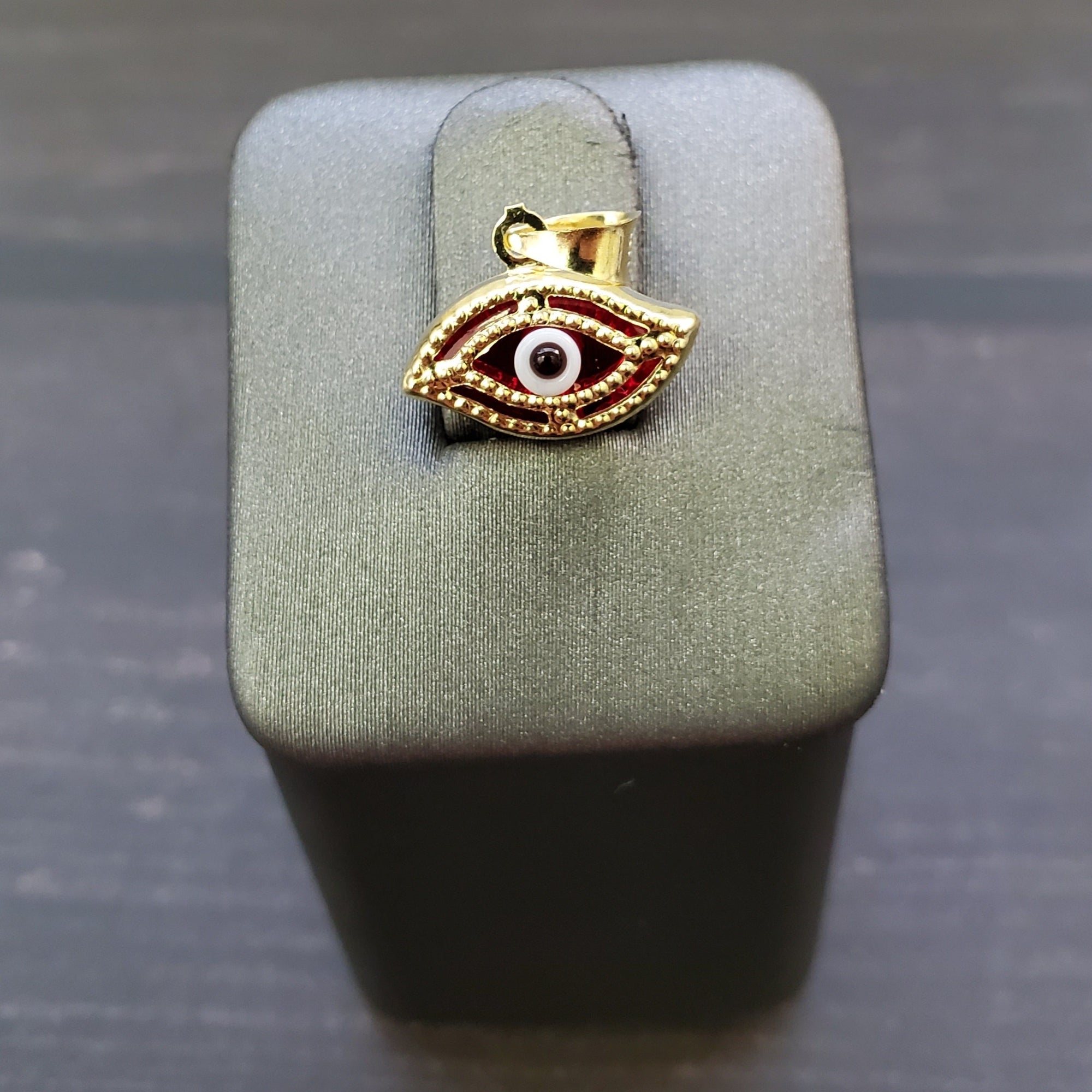 14K Solid Real Yellow Gold Blue & Red Evil Eye Pendant Charm with Box Chain