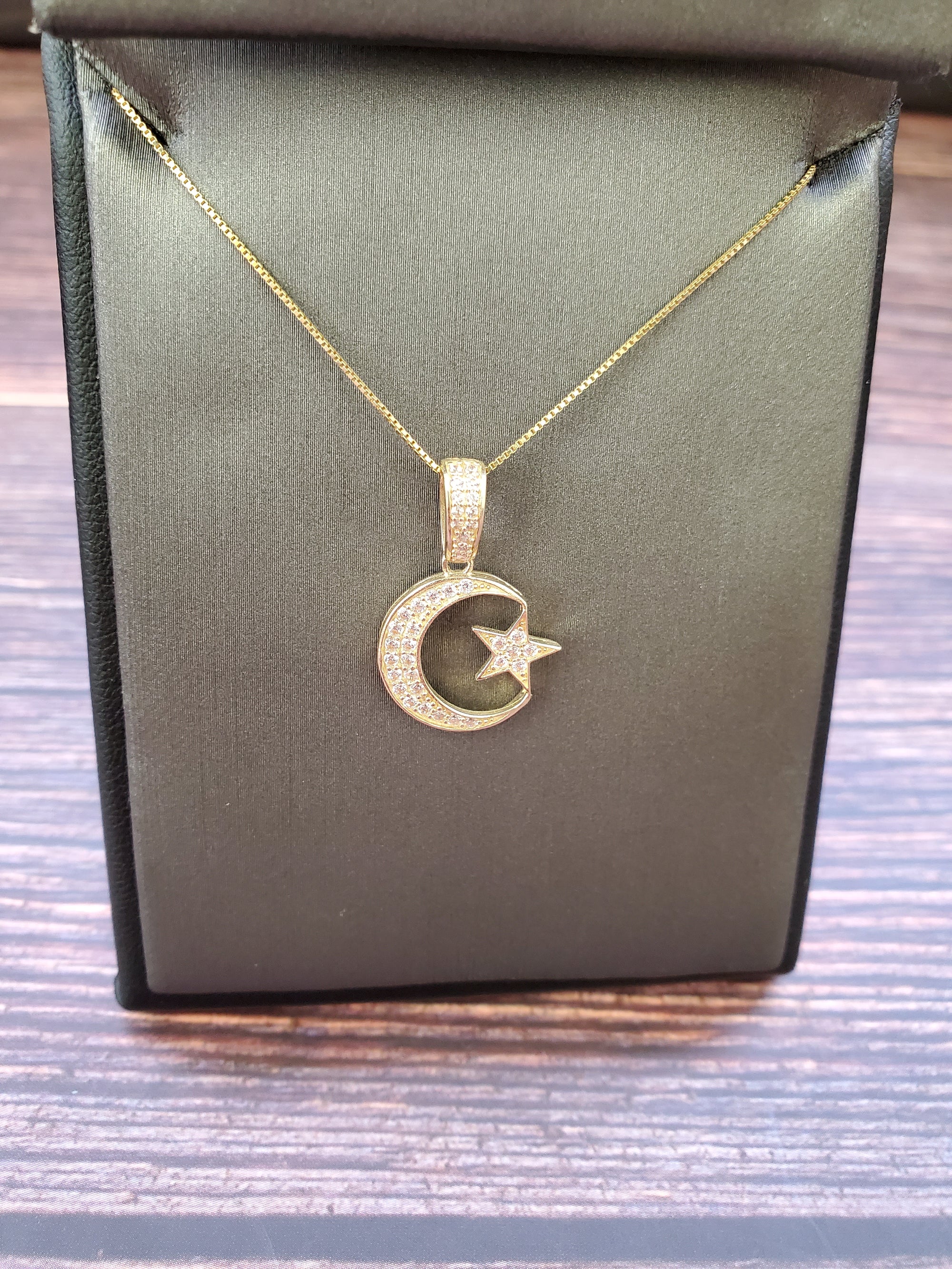 10K Solid Real Yellow Gold Cz Moon Star Pendant Charm with Box Chain