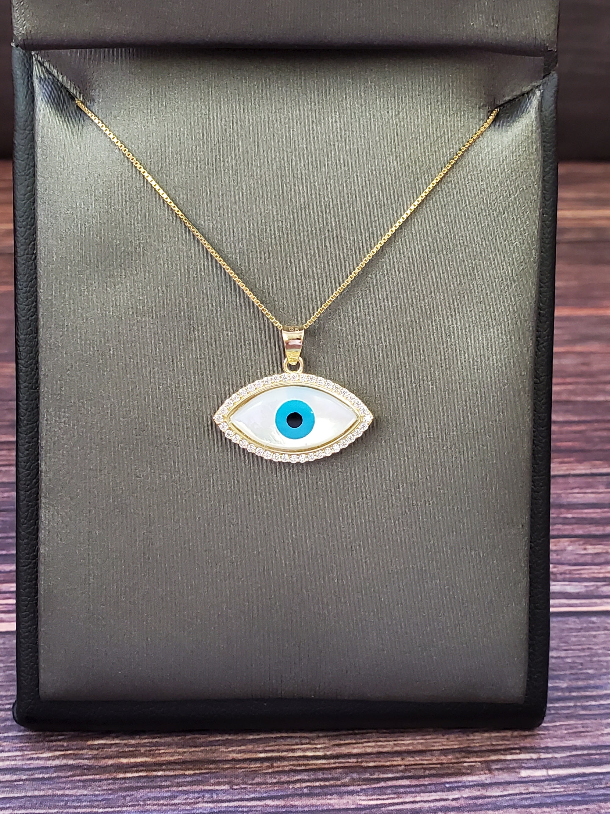 10K Solid Real Yellow Gold Cz Evil Eye Pendant Charm with Box Chain