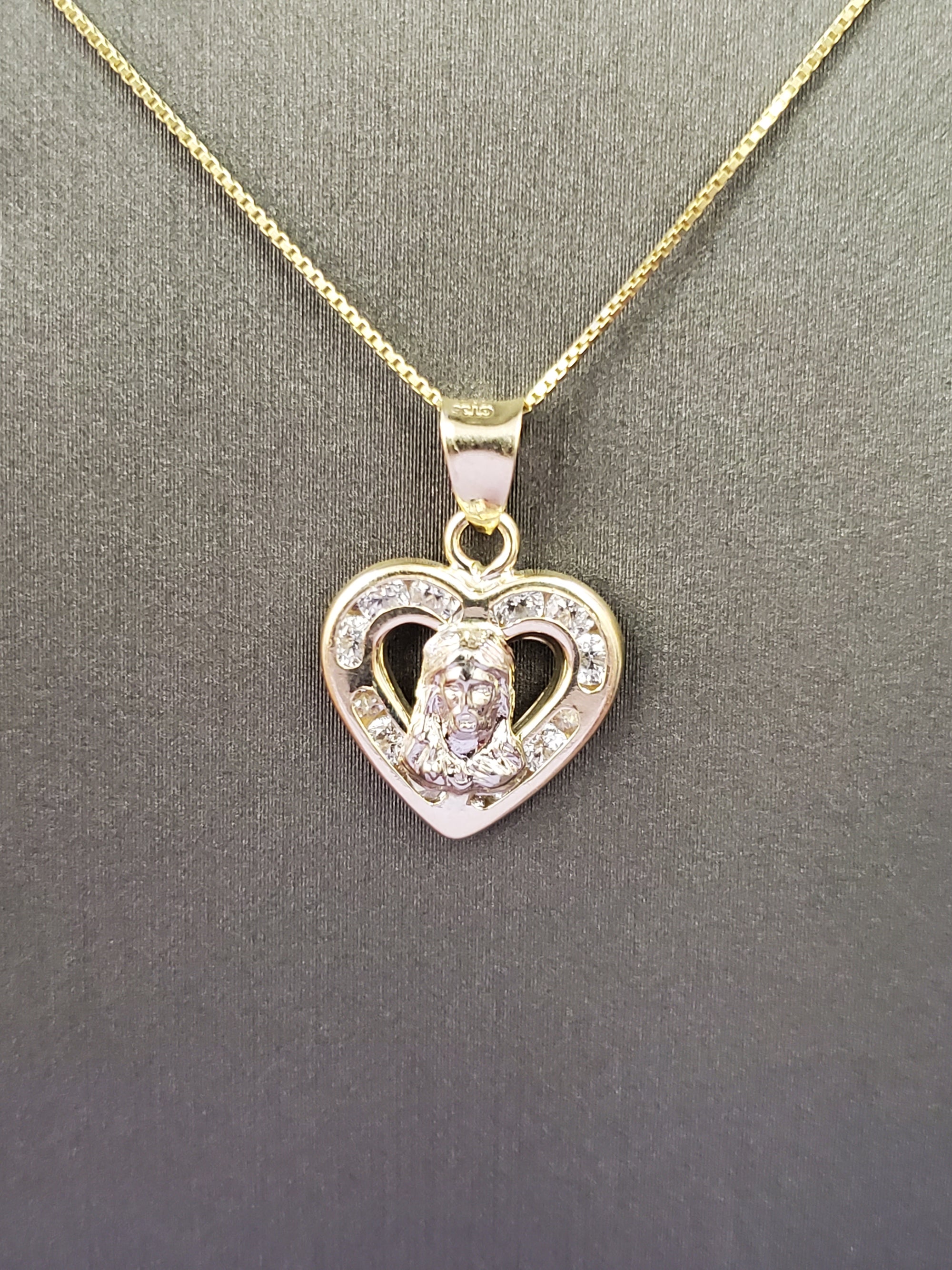 10K Solid Real Yellow Gold Jesus in Heart Cz Pendant Charm with Box Chain