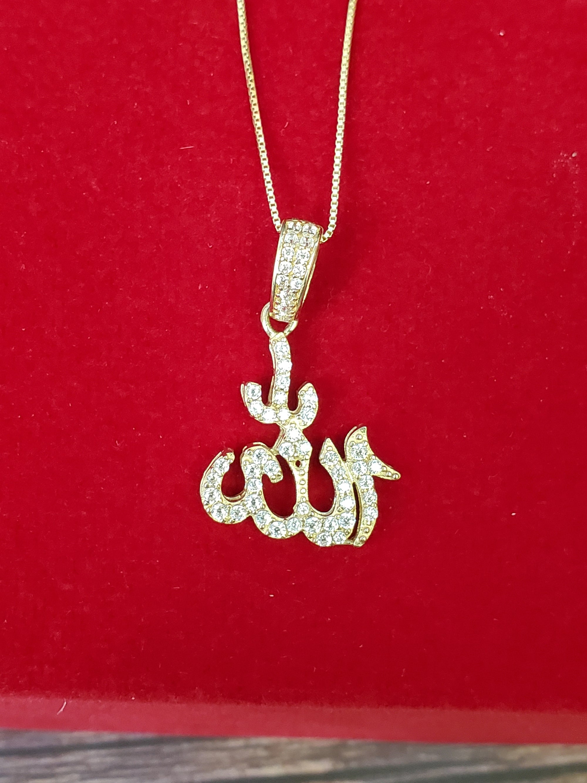 10K Solid Real Yellow Gold Cz Allah Pendant Charm with Box Chain