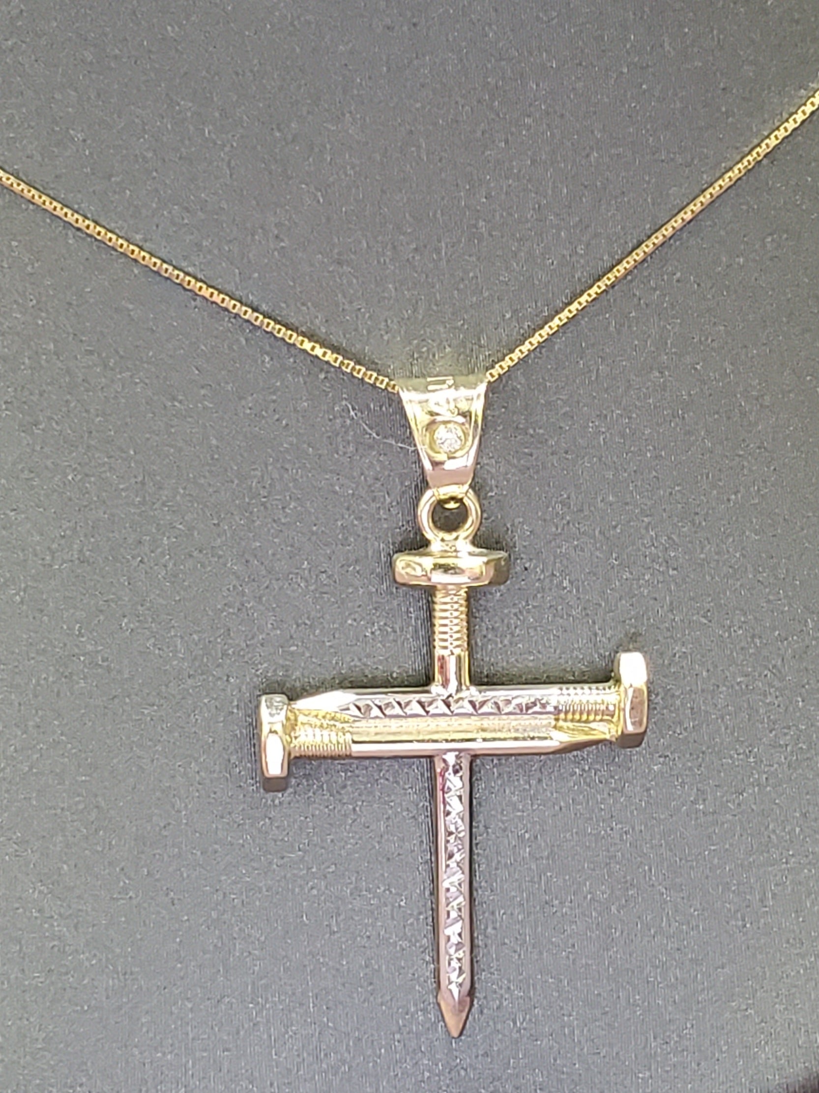 10K Solid Real Yellow & White Gold Cz in Bell Cross Pendant Charm with Box Chain