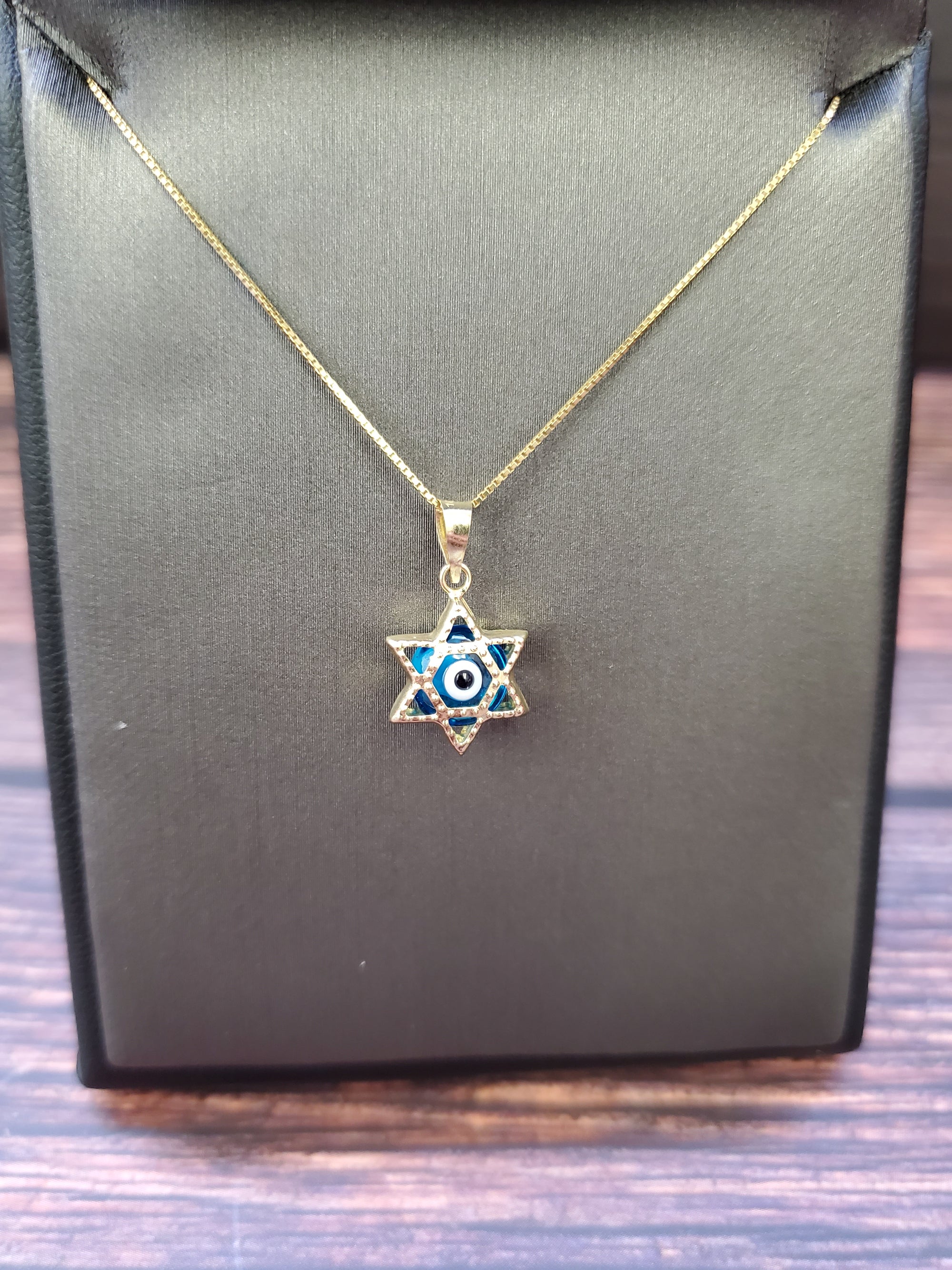 10K Solid Real Yellow Gold Evil Eye Star of David Pendant Charm with Box Chain