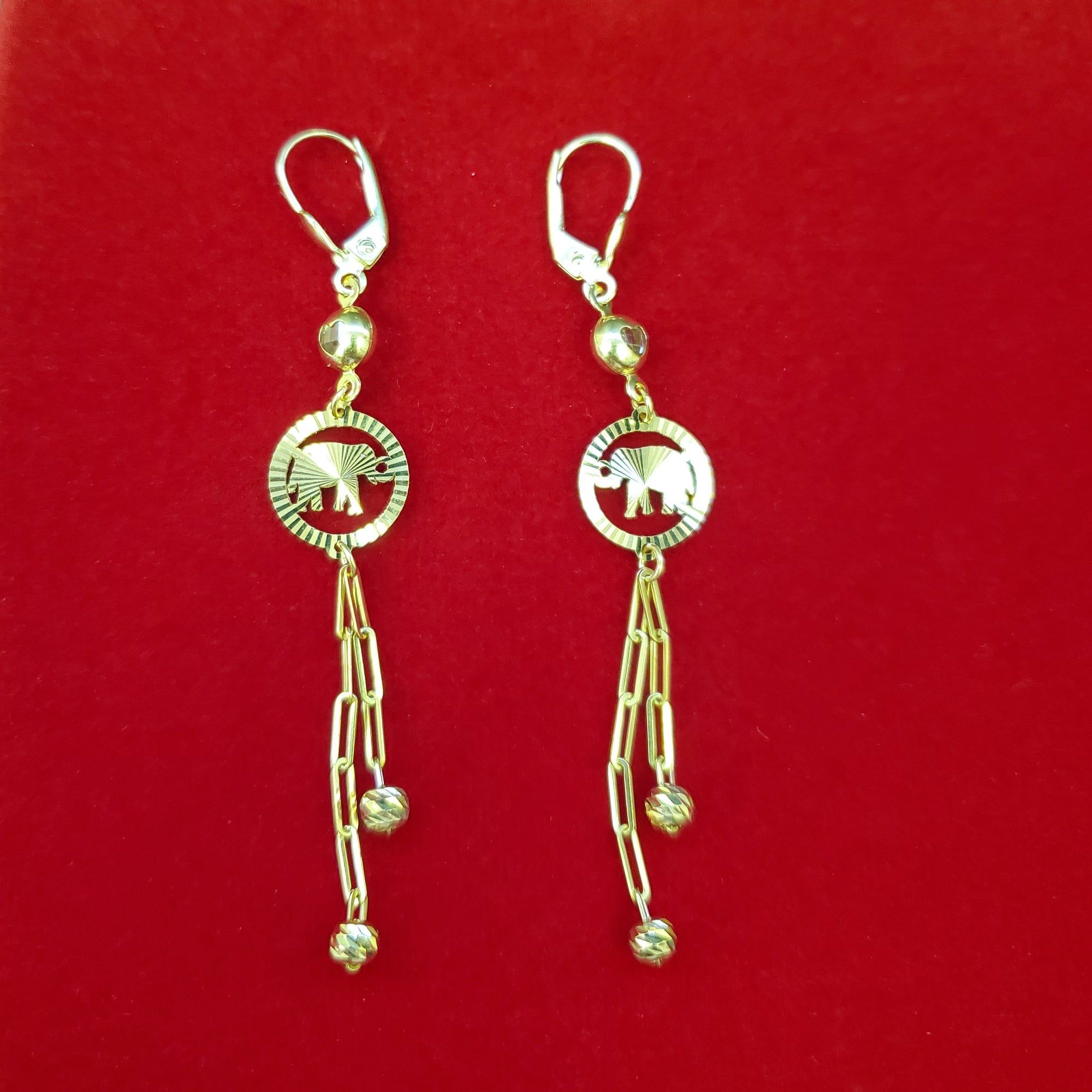 10K Solid Yellow Gold Elephant Dangle Earrings for Girls womens