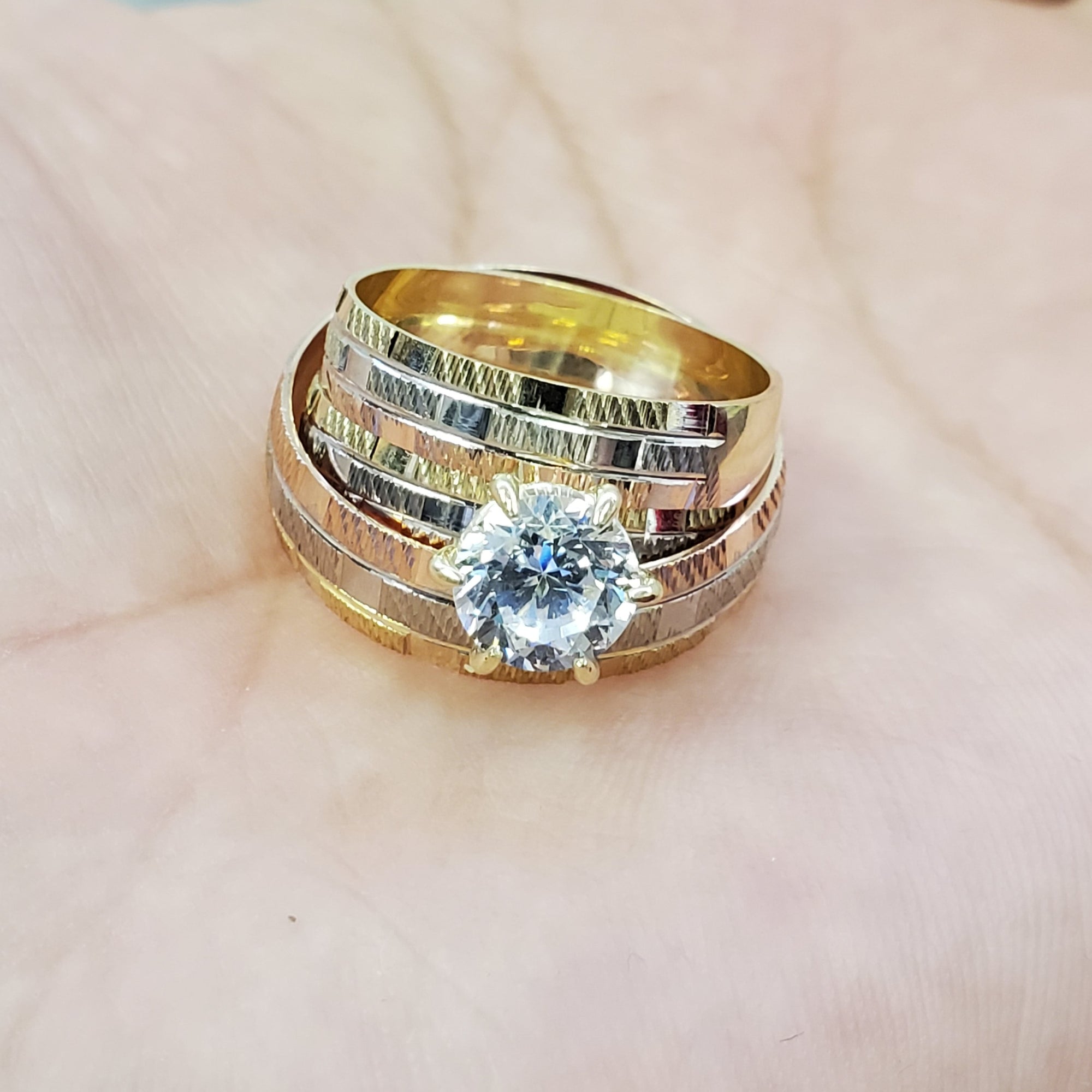 Real 10K Solid Tri Color Yellow, White & Rose Gold Trio Ring