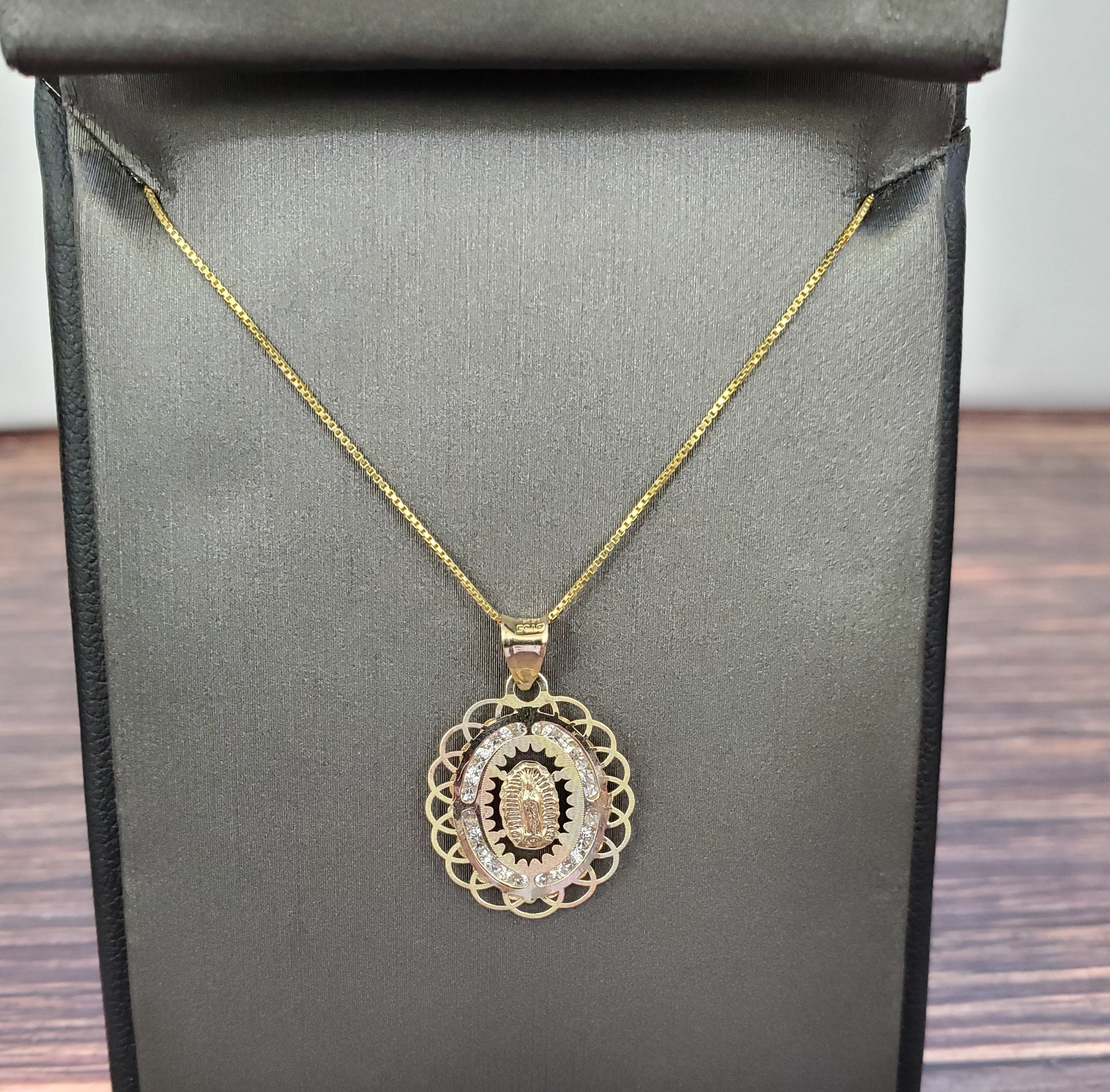 14K Solid Tri-Color Real Gold Mother Marry CZ Pendant Charm with Box Chain