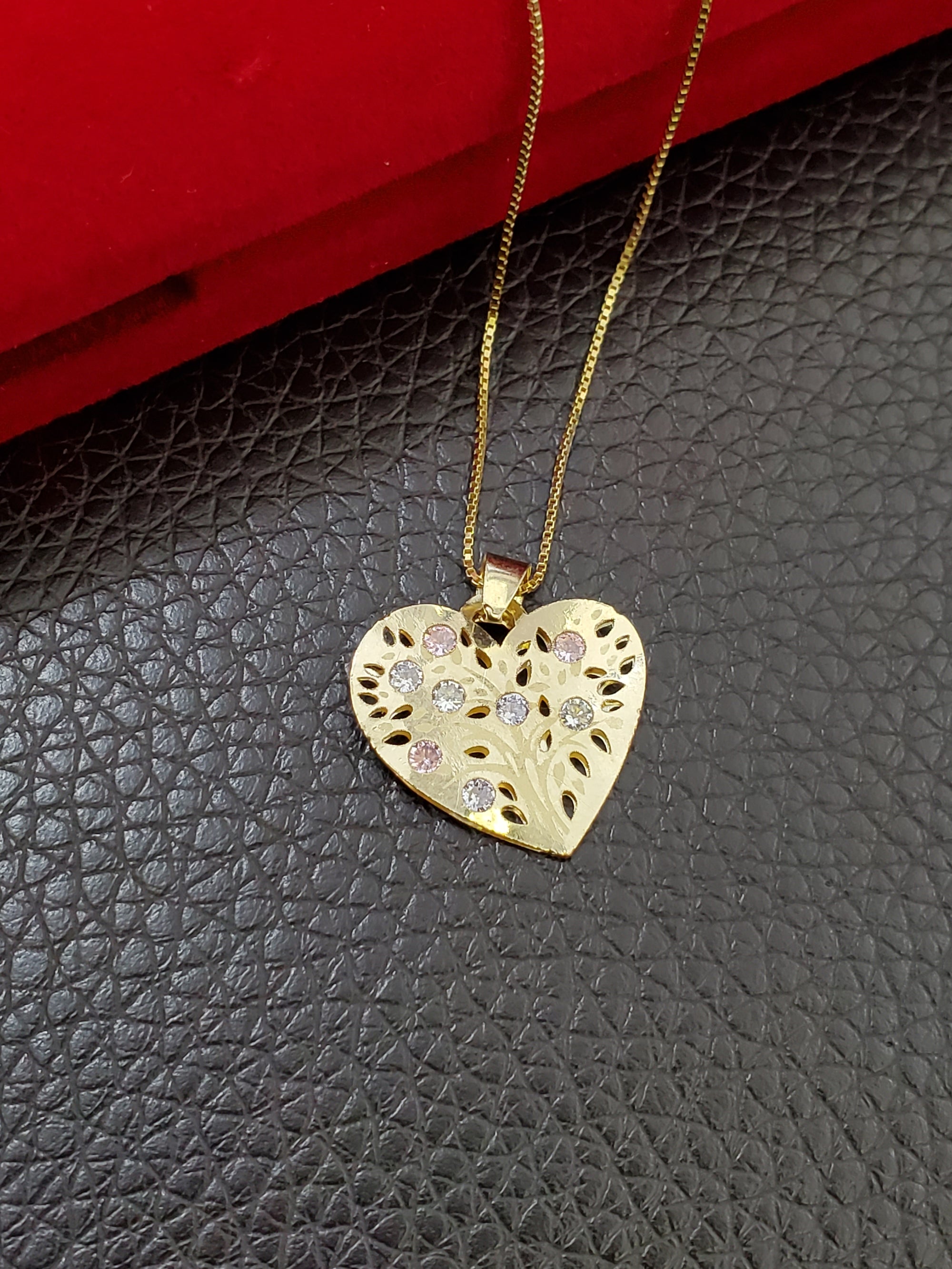 10K Solid Real Yellow Gold Color Cz Tree Heart Pendant Charm with Box Chain