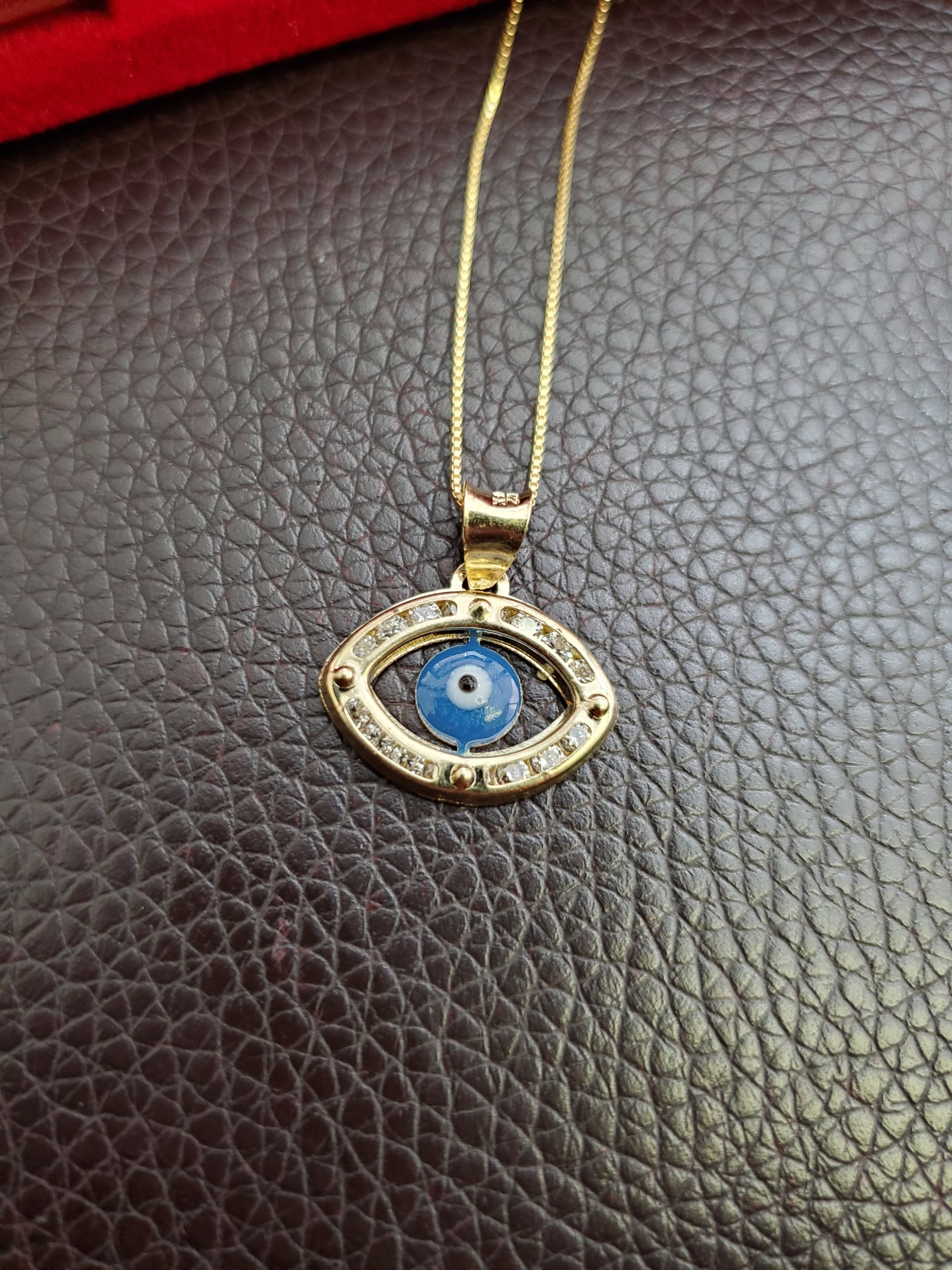 10K Solid Real Yellow Gold Evil Eye Cz Pendant Charm with Box Chain