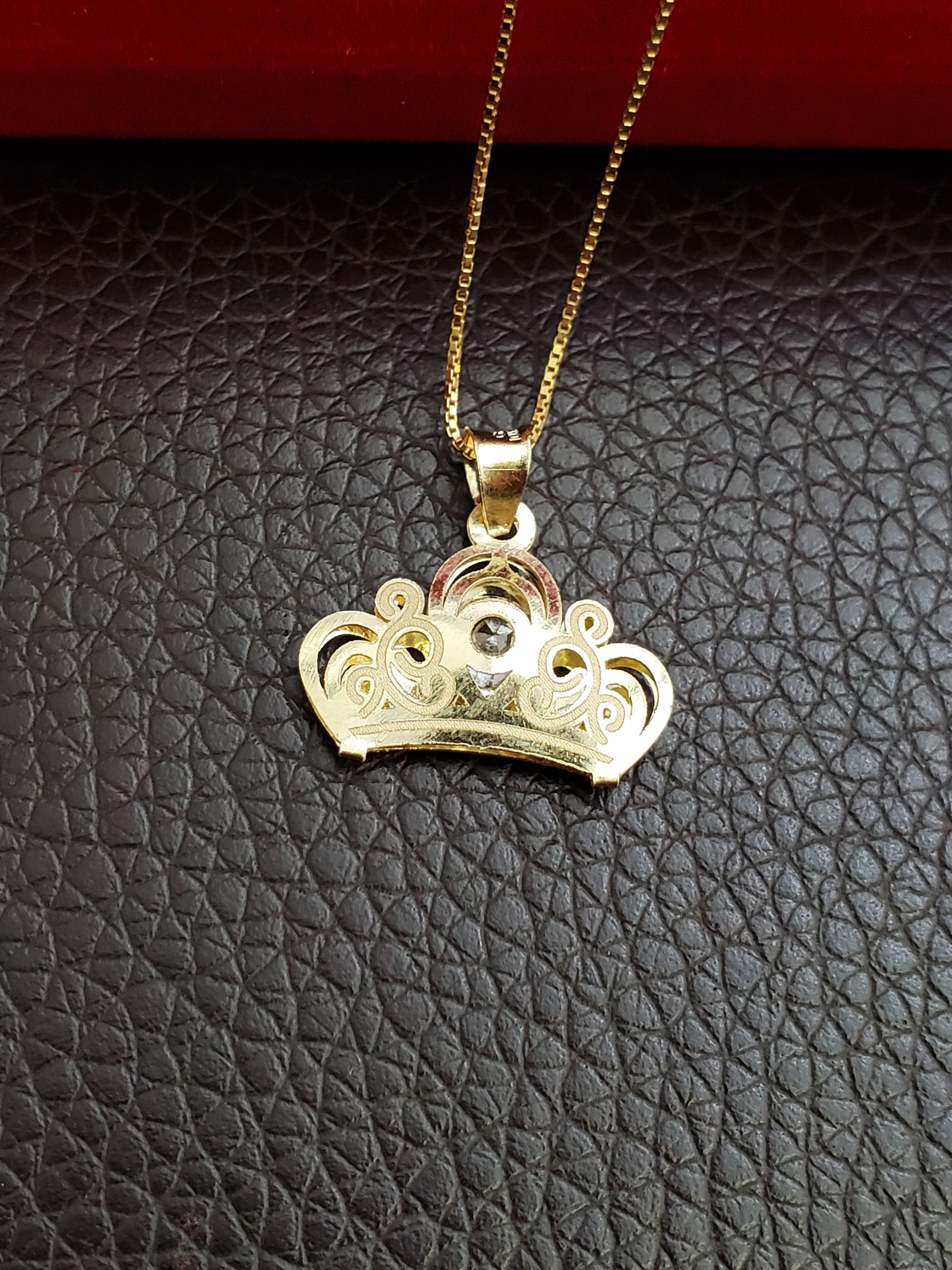 10K Solid Real Yellow Gold Crown Cz Pendant Charm with Box Chain