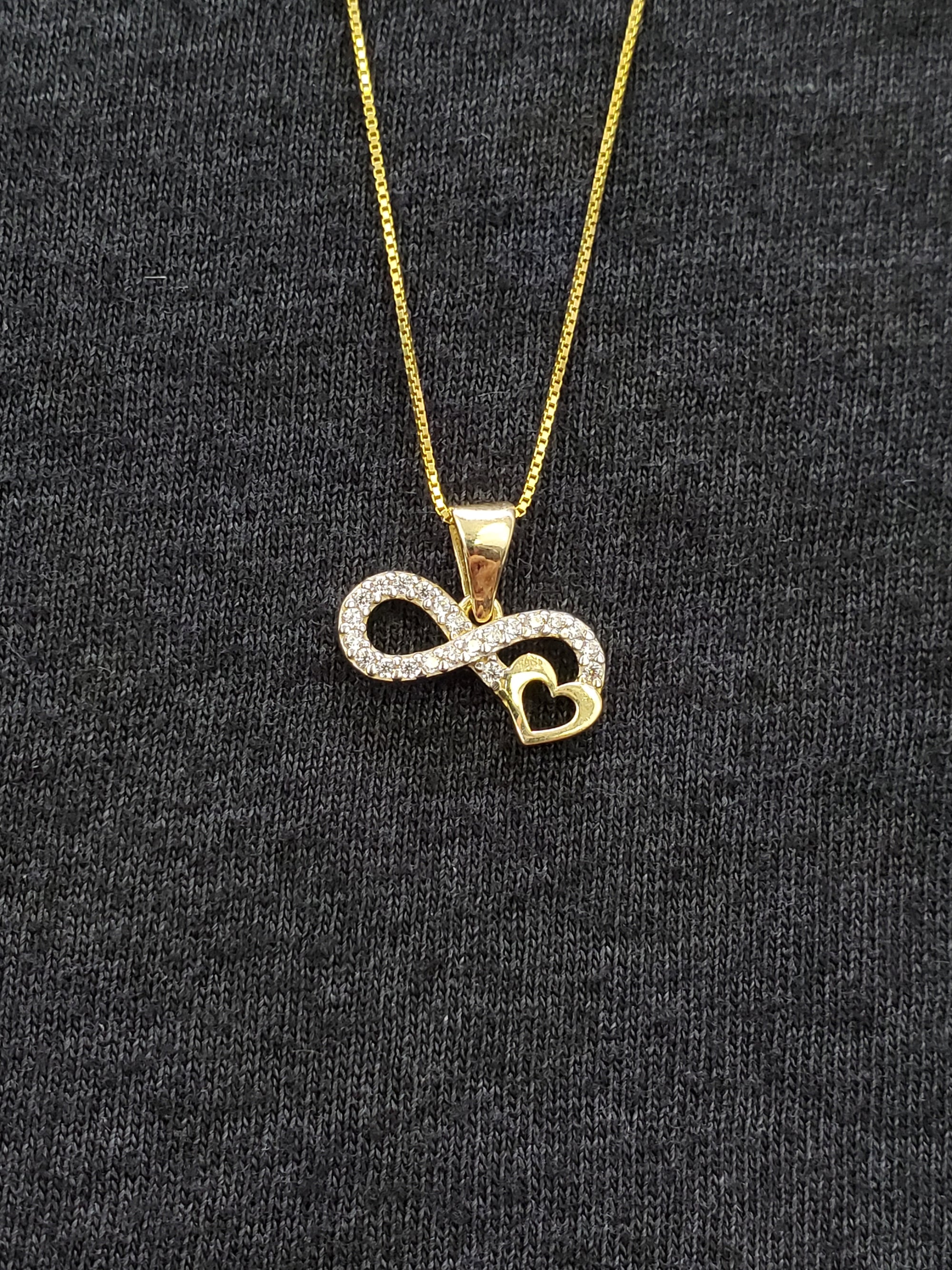 10K Solid Real Yellow Gold Cz Infinity Heart (S) Pendant Charm with Box Chain