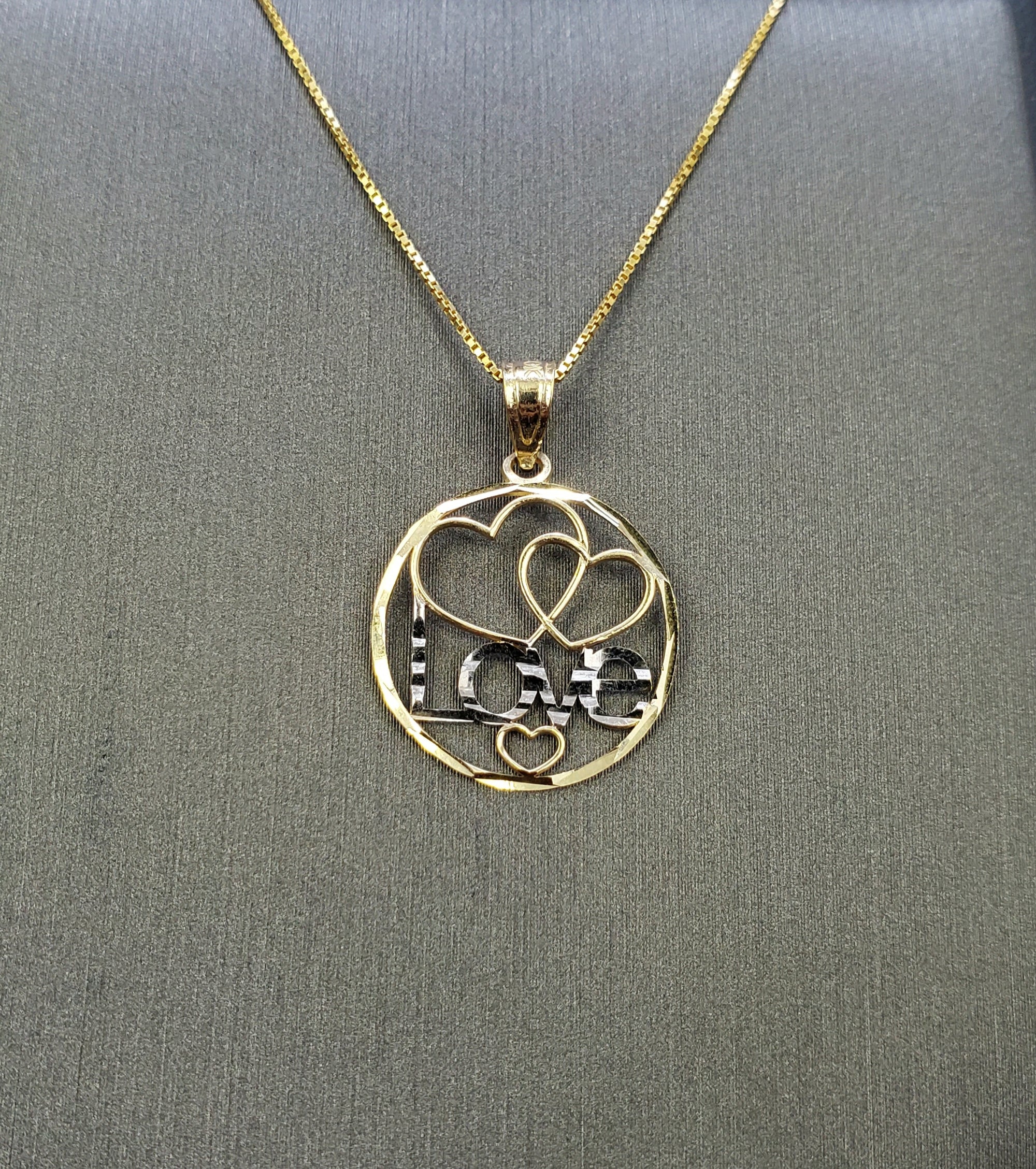 10K Solid Real Yellow Gold Circle Love Heart Pendant Charm with Box Chain