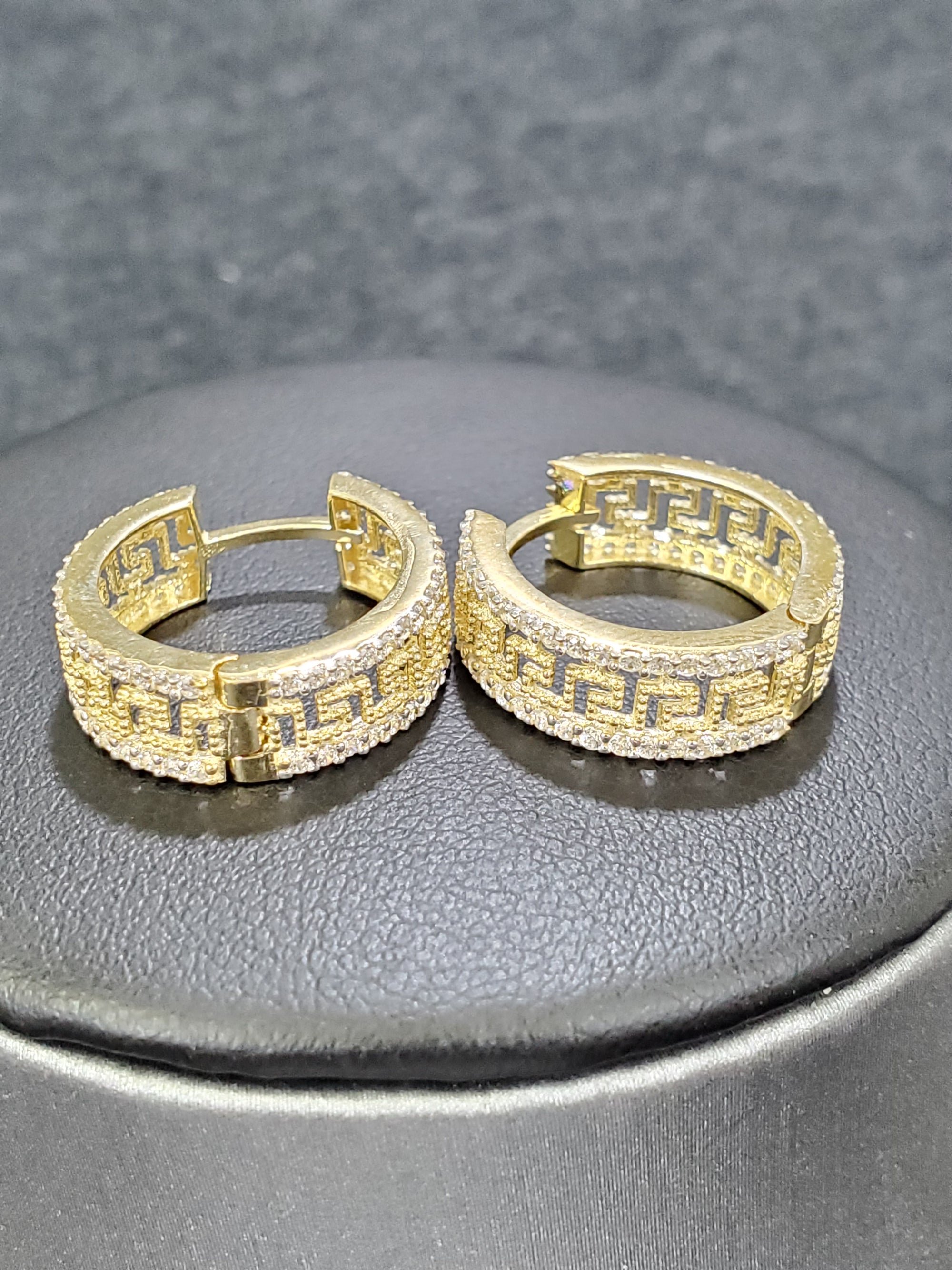 10K Solid Yellow Gold Cz Greek Endless Hoop Earrings