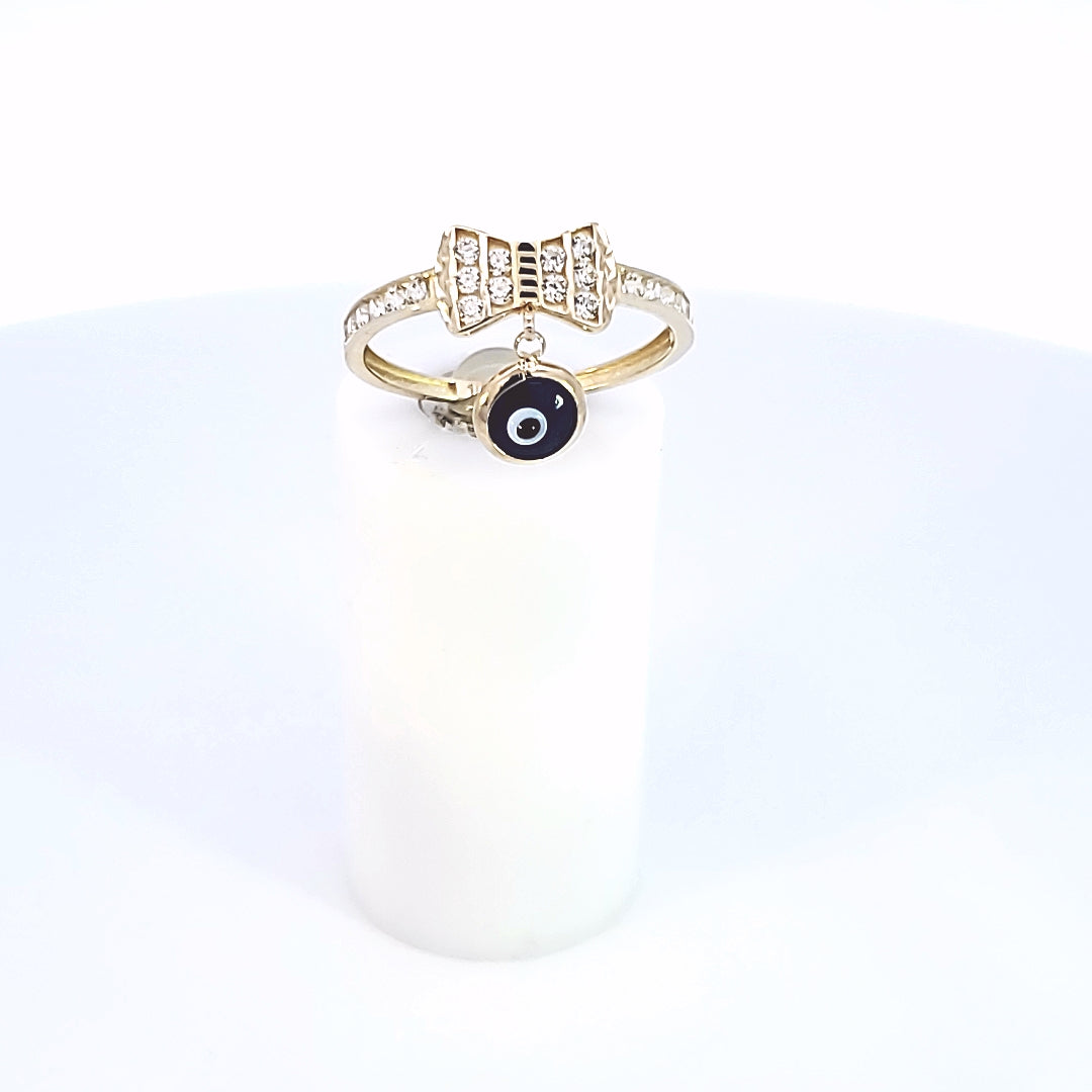 10K Solid Yellow Gold Cz Bowtie Ring With Blue Evil Eye