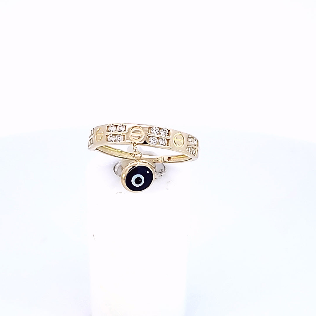 10K Solid Yellow Gold Band With Evil Eye in Navy Blue Ring