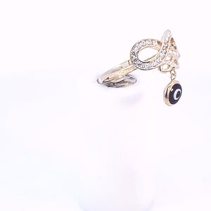 10K Solid Yellow Gold Cz Double Infinity Ring With Navy Blue Evil Eye