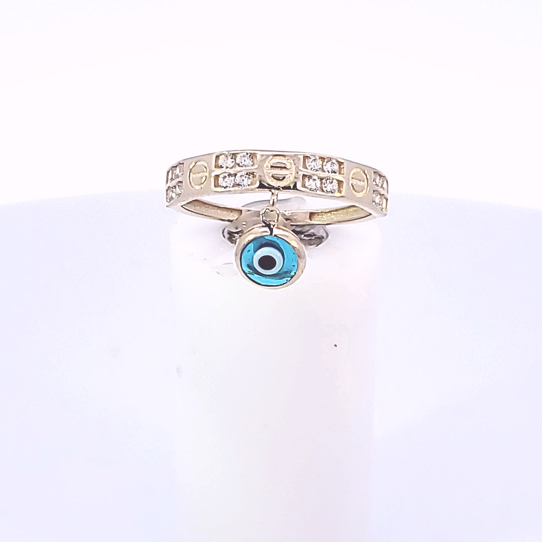 10K Solid Yellow Gold Cz Band Ring With Blue Evil Eye