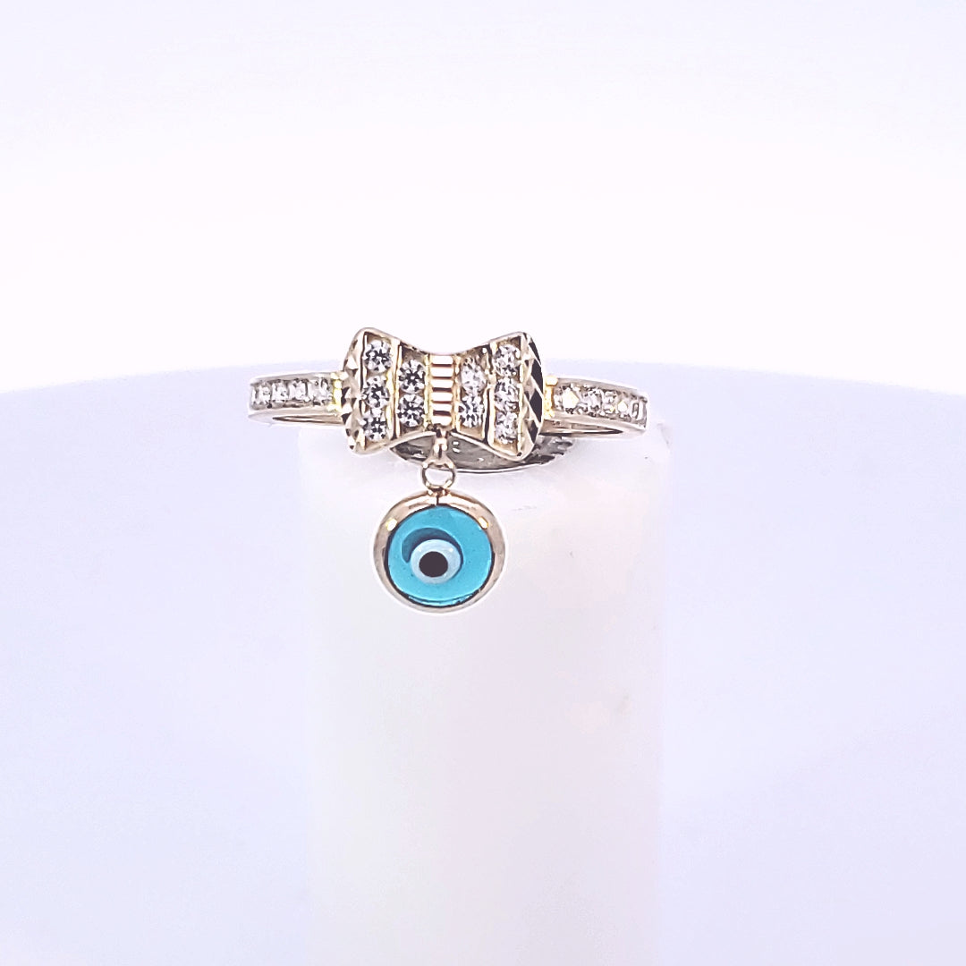 10K Solid Yellow Gold Cz Bowtie Ring With Blue Evil Eye