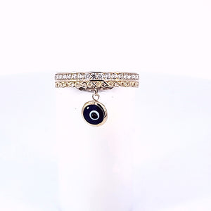 10K Solid Yellow Gold Cz Band Ring With Navy Blue Evil Eye