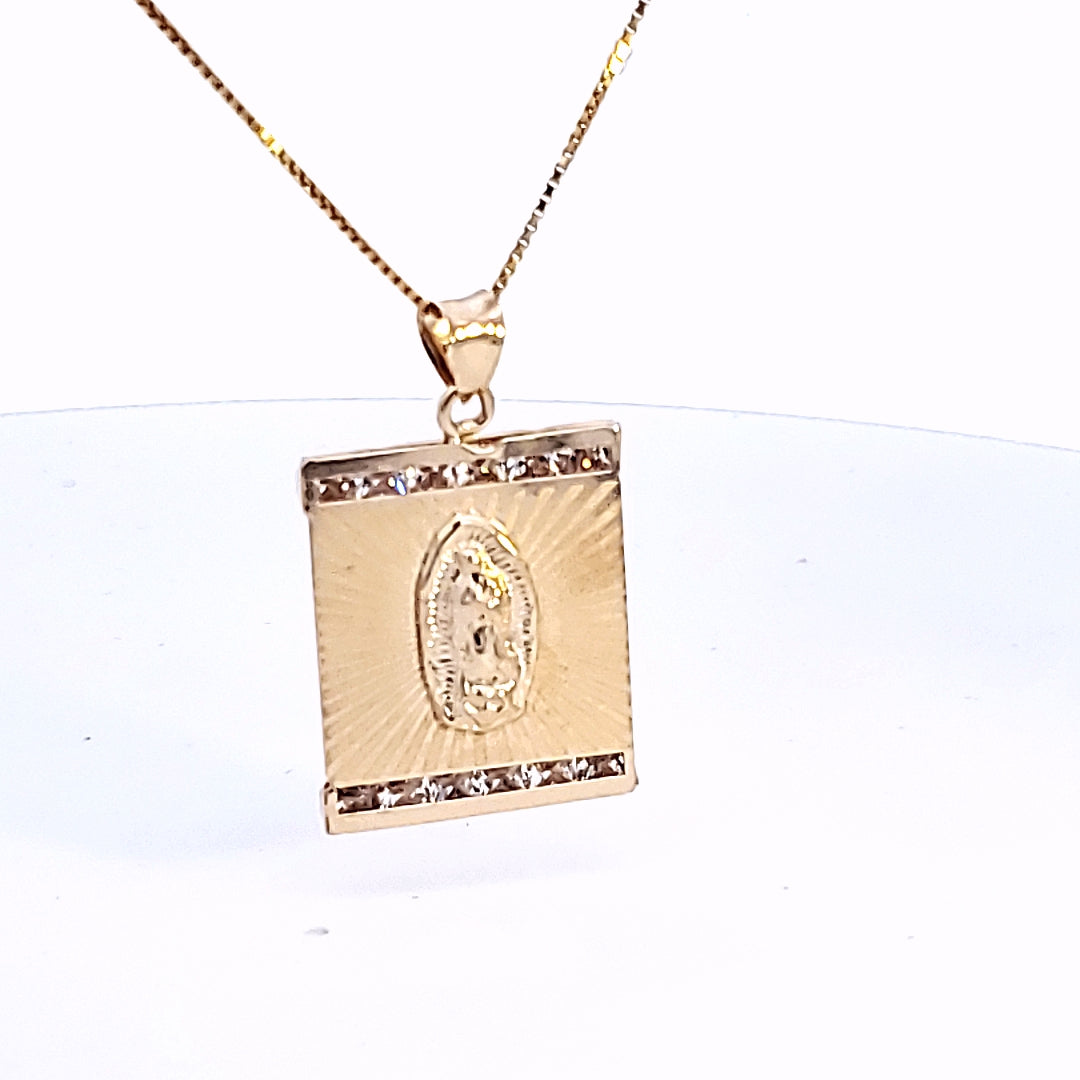 10K Solid Real Yellow Gold Cz Mother Mary Pendant Charm with Box Chain