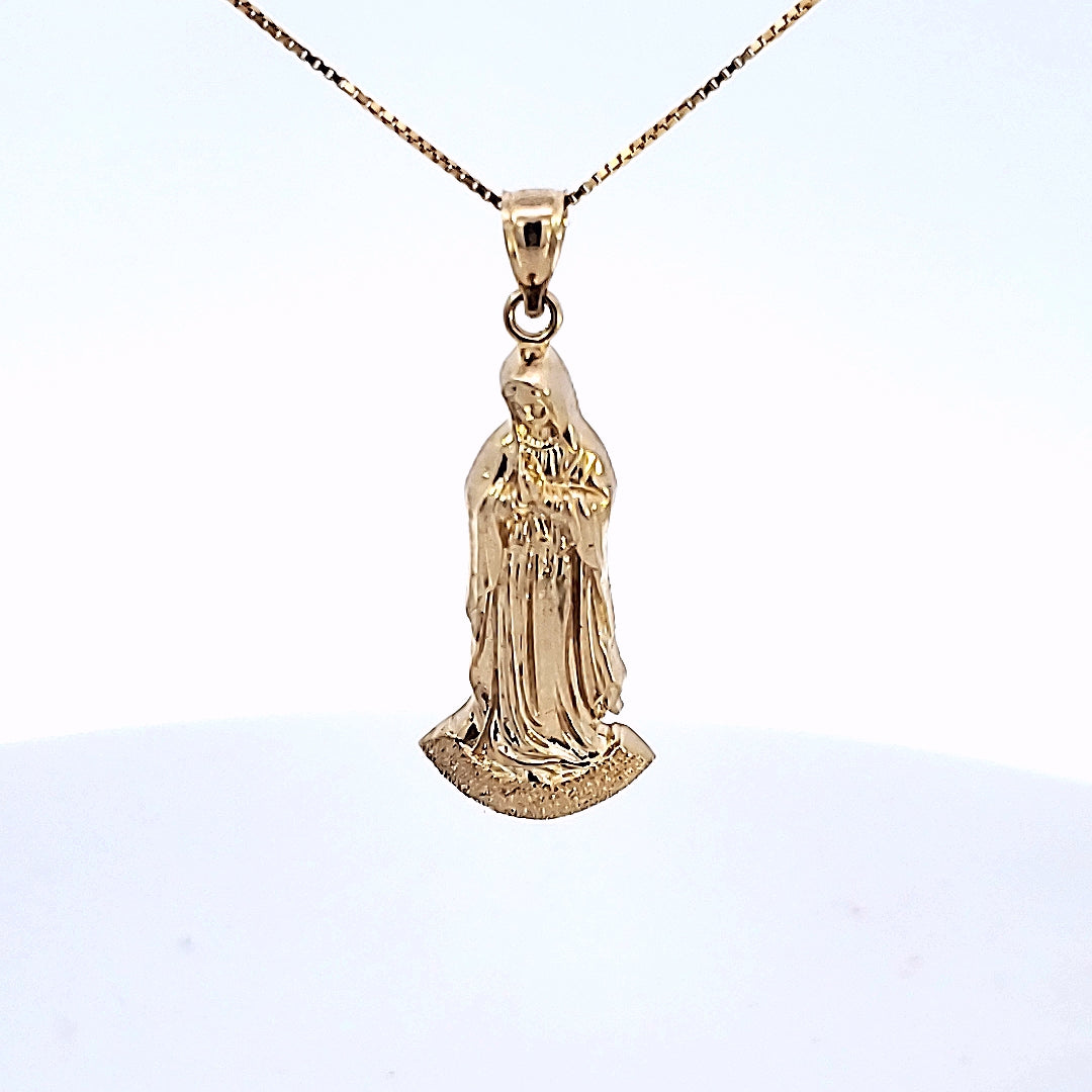 10K Solid Real Yellow Gold Mother Mary Pendant Charm with Box Chain