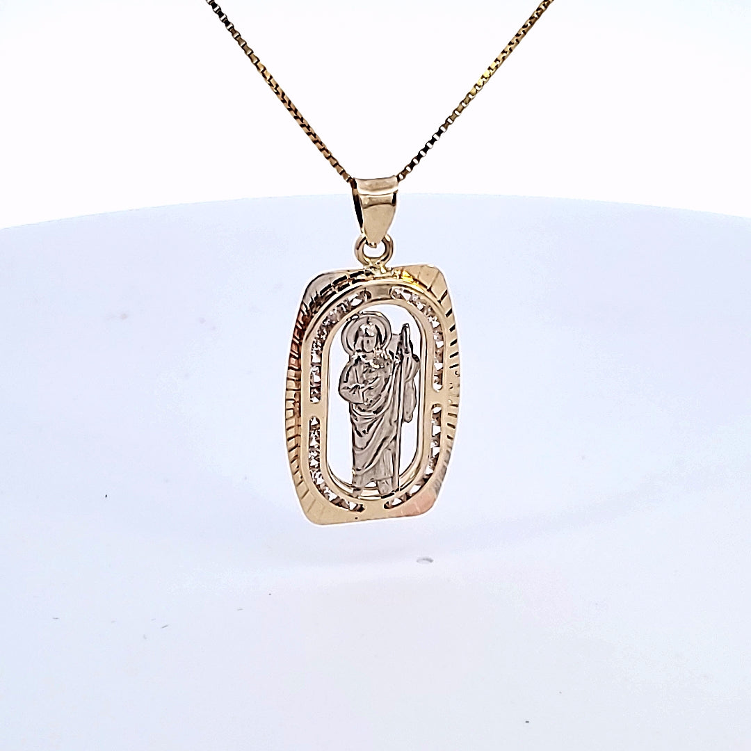 10K Solid Real Yellow Gold Cz Saint Jude Pendant Charm with Box Chain