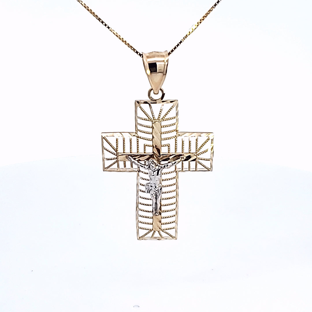 10K Solid Real Yellow Gold Jesus Cross Pendant Charm with Box Chain