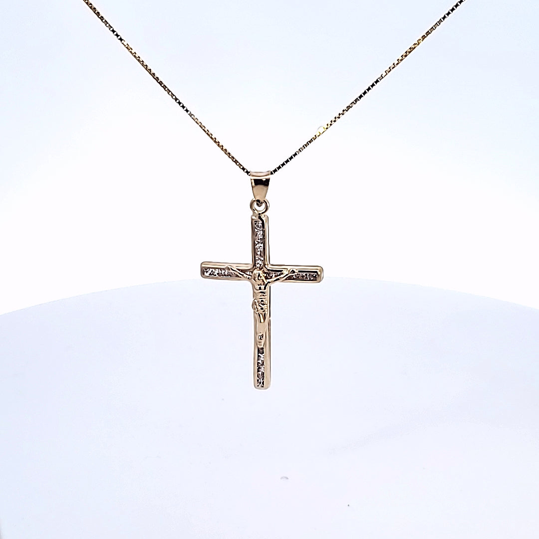 10K Solid Real Yellow Gold Cz Jesus Cross Pendant Charm with Box