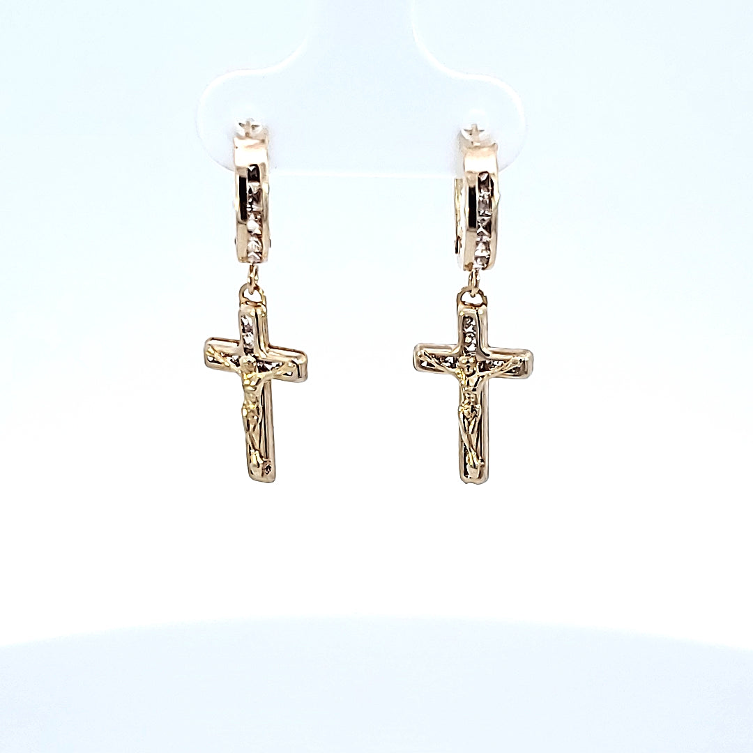 10K Solid Yellow Gold Jesus Cross Hoop Earrings for Girls womens