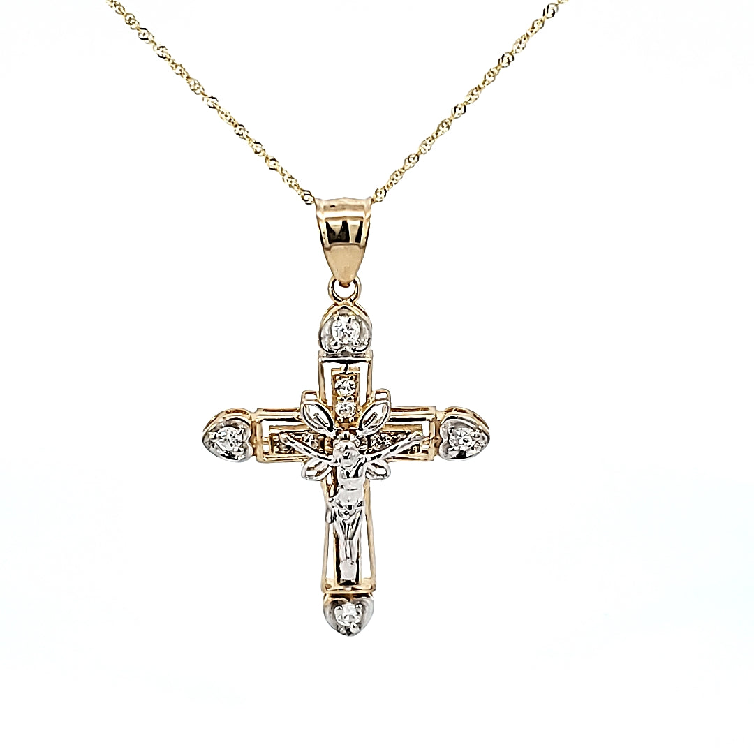 10K Solid Real Yellow Gold Cz Jesus Cross Pendant Charm with Singapore Chain