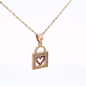 10K Solid Yellow Gold Cz Heart Lock Pendant Charm with Singapore Chain