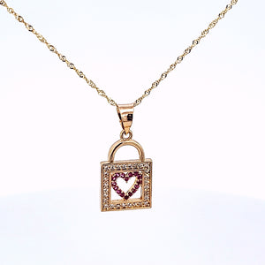 10K Solid Yellow Gold Cz Heart Lock Pendant Charm with Singapore Chain