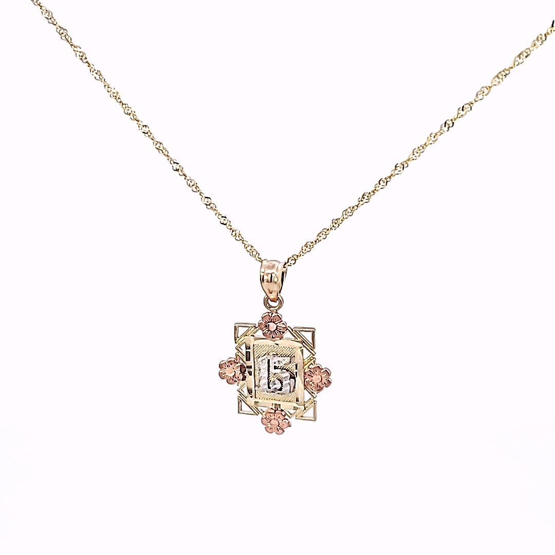 14K Solid Tri Color Rose, White & Yellow Gold 15 in Frame with Flowers Pendant Charm with Singapore Chain